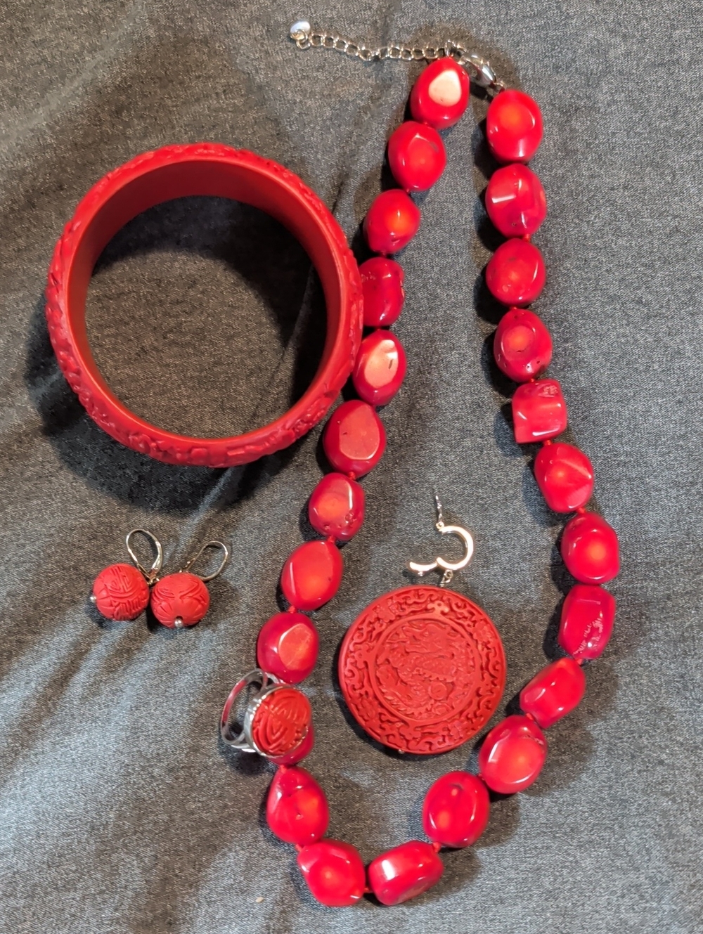 Vintage Cinnabar Necklace, Earrings and Bracelet Set .925